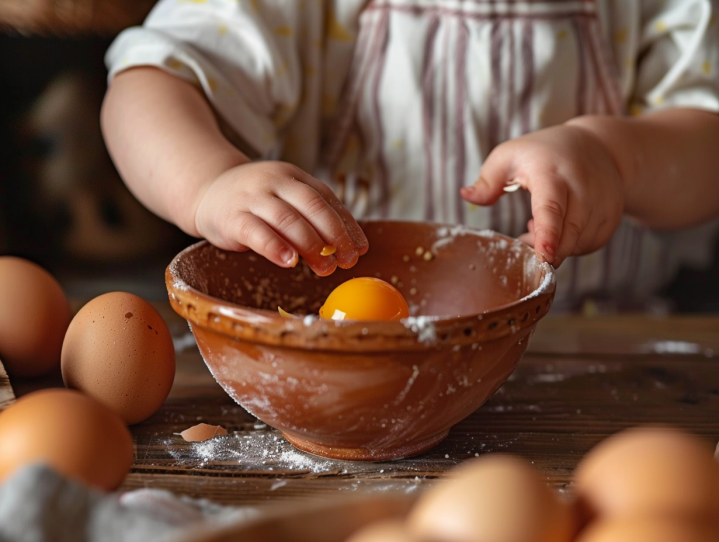 a child breaking an egg into a bowl