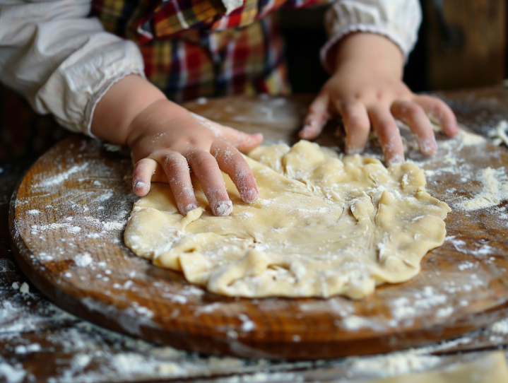 a child's hands making dough on a wooden board