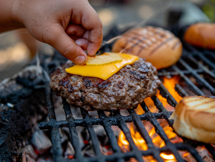 a hand putting a slice of cheese on a burger on a grill