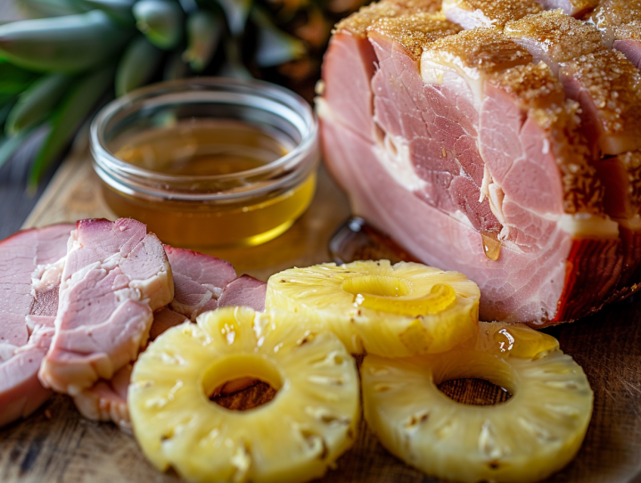 a sliced ham and pineapple slices on a cutting board