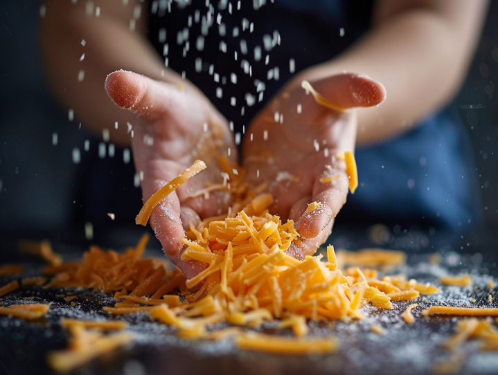 a person's hands pouring cheese into a pile of flour