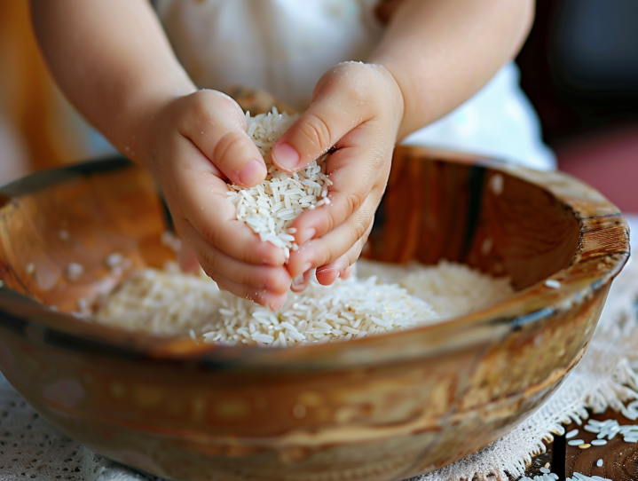 a child's hands pouring rice into a bowl