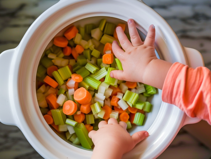 a baby's hand reaching out to a bowl of vegetables