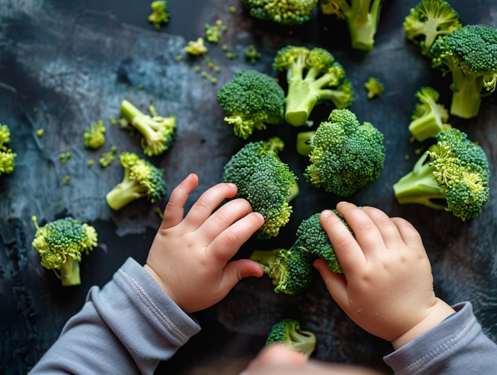 a baby hands holding broccoli