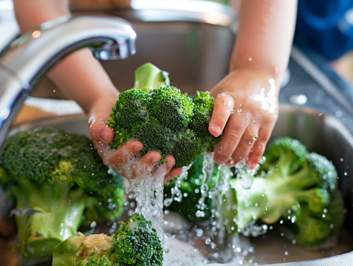 a person washing a head of broccoli