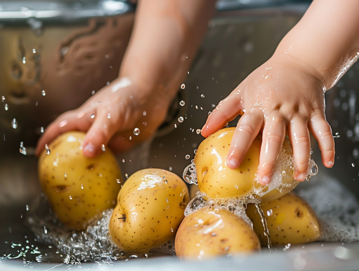 a child washing potatoes in a sink