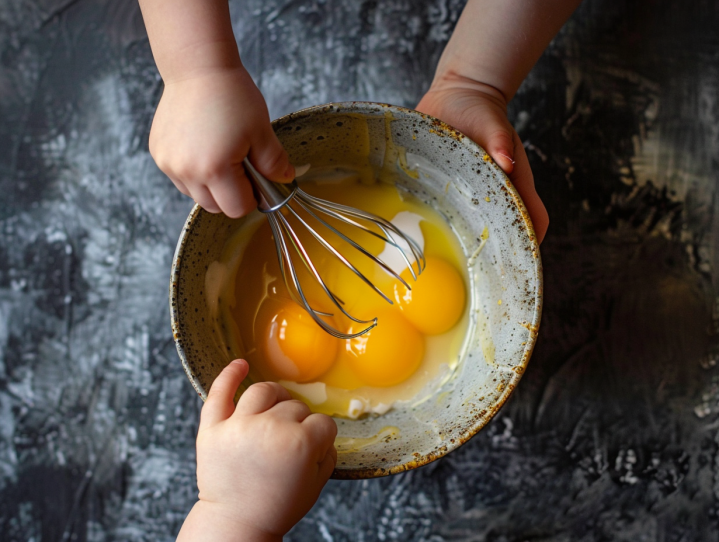 a child's hands mixing eggs in a bowl