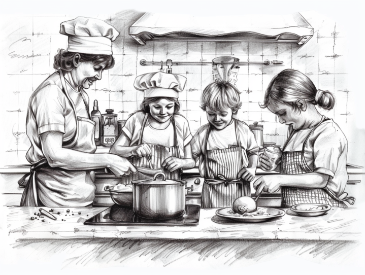 a drawing of a woman and children cooking