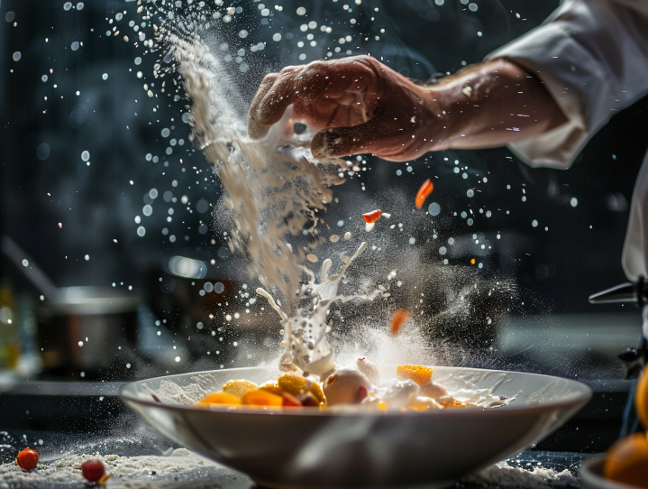 a hand pouring flour into a bowl