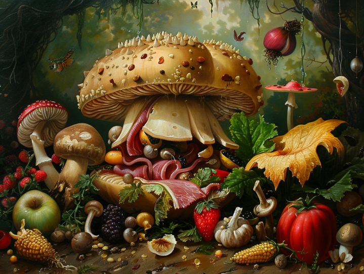 a painting of a mushroom with food and fruits