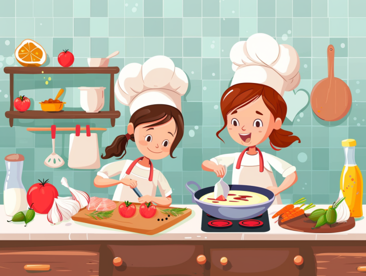 two girls cooking in a kitchen