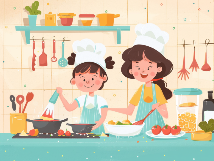 a cartoon of two girls cooking in a kitchen