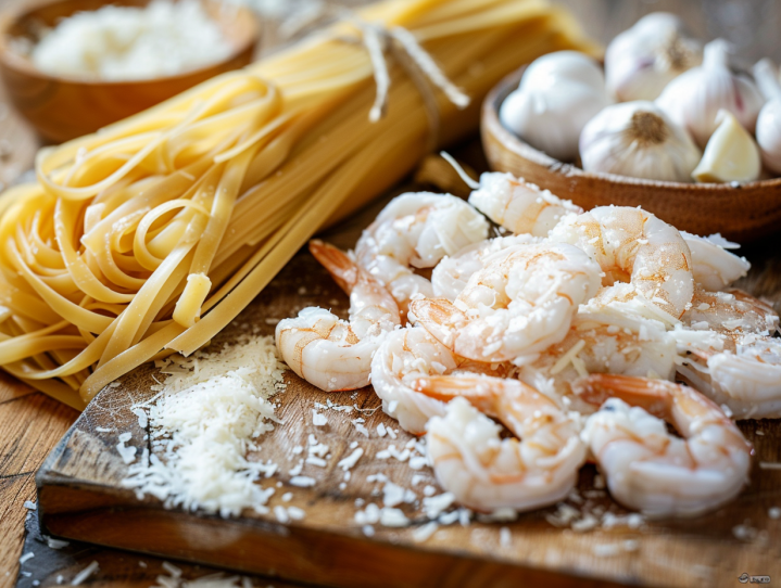 a plate of pasta and shrimp