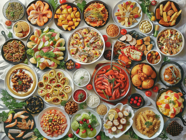 a large group of food on plates