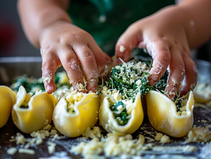 a child's hands making pasta