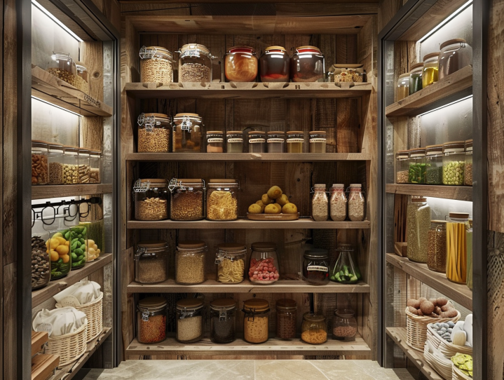 shelves with jars and food on it