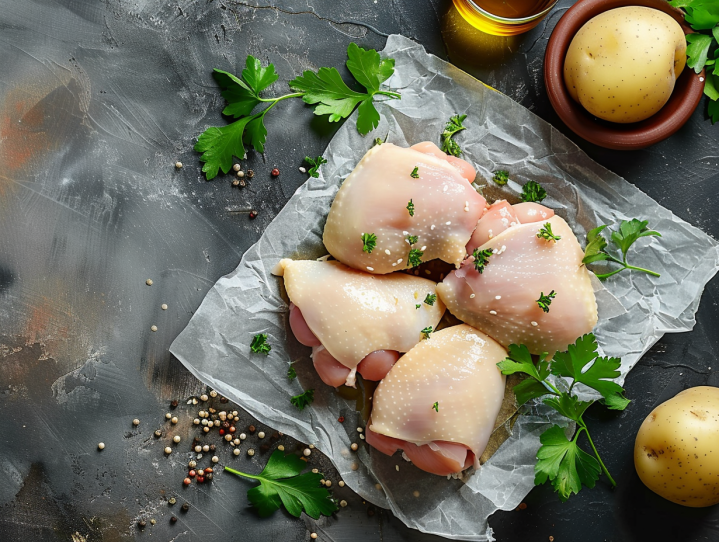 raw chicken breasts on paper with parsley and spices