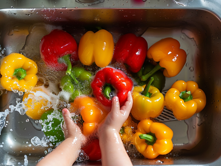 kids washing peppers