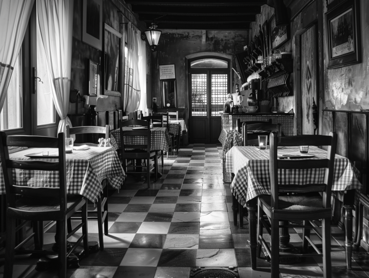 black and white photo of an italian restaraunt