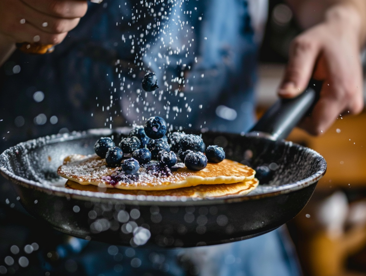 blueberry pancakes in a frying pan