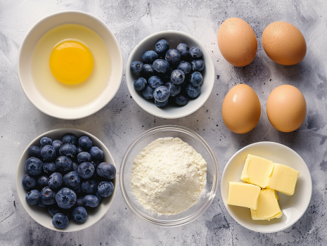 eggs, blueberries, flour, and butter on a table