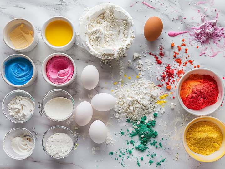 eggs, flour, food coloring