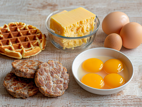 eggs, waffles, cheese, sausage