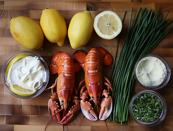 lobster, lemons, chives on a table
