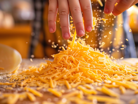 childs hands sprinkling cheese