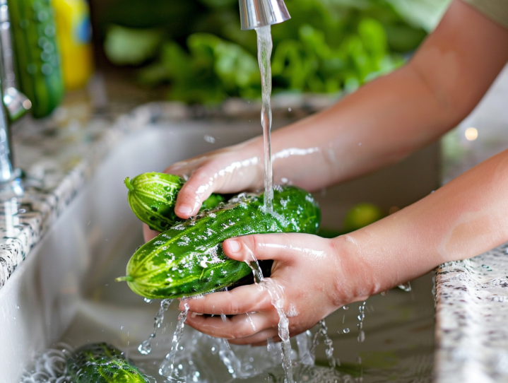 kids hands washing cucumbers