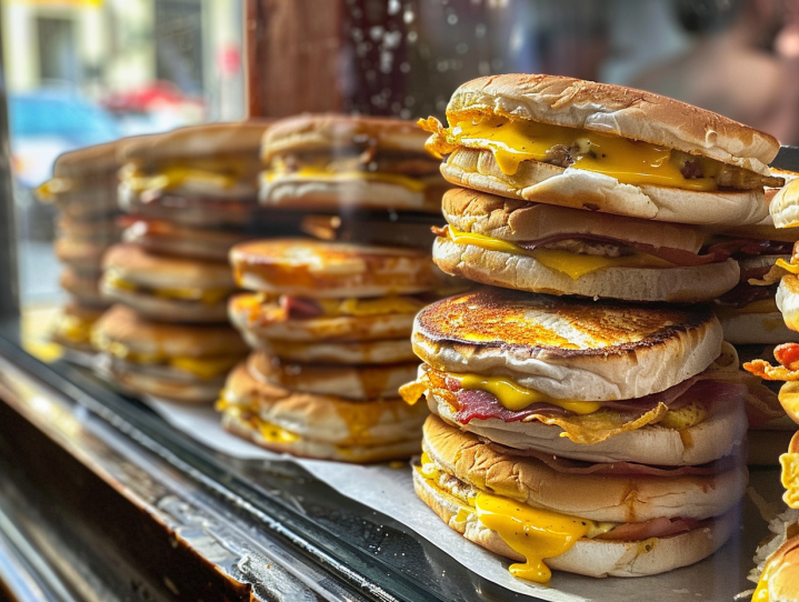 stacks of breakfast sandwiches in a window