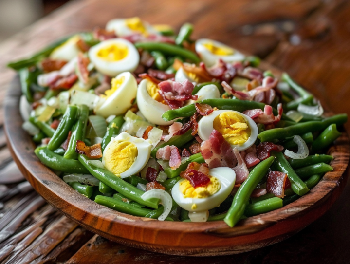 sauteed green beans with bacon and hard boiled eggs