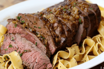 savory roast beef with homemade noodles